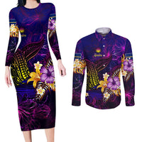 Nauru Couples Matching Long Sleeve Bodycon Dress and Long Sleeve Button Shirt Whale Hibiscus Polynesian