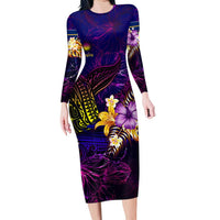 Nauru Long Sleeve Bodycon Dress Whale Hibiscus Polynesian DT02 Long Dress Purple - Polynesian Pride
