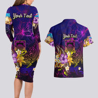 Tuvalu Couples Matching Long Sleeve Bodycon Dress and Hawaiian Shirt Whale Hibiscus Polynesian