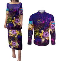 Tuvalu Couples Matching Puletasi and Long Sleeve Button Shirt Whale Hibiscus Polynesian
