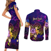 Northern Mariana Islands Couples Matching Short Sleeve Bodycon Dress and Long Sleeve Button Shirt Whale Hibiscus Polynesian