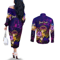 Marshall Islands Couples Matching Off The Shoulder Long Sleeve Dress and Long Sleeve Button Shirt Whale Hibiscus Polynesian