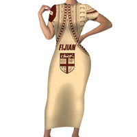 Fiji Bula Short Sleeve Bodycon Dress Tapa Pattern Design DT02 Long Dress Beige - Polynesian Pride
