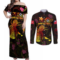 Wallis and Futuna Couples Matching Off Shoulder Maxi Dress and Long Sleeve Button Shirt Octopus Plumeria Polynesian Tattoo DT02 Black - Polynesian Pride