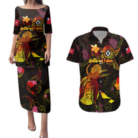 Wallis and Futuna Couples Matching Puletasi and Hawaiian Shirt Octopus Plumeria Polynesian Tattoo DT02 Black - Polynesian Pride