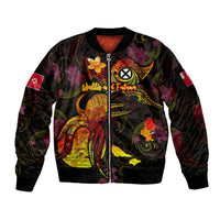 Wallis and Futuna Sleeve Zip Bomber Jacket Octopus Plumeria Polynesian Tattoo DT02 Unisex Black - Polynesian Pride