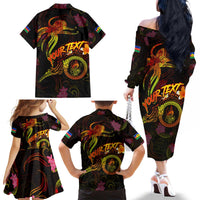 New Caledonia Family Matching Off The Shoulder Long Sleeve Dress and Hawaiian Shirt Octopus Plumeria Polynesian Tattoo