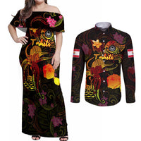 Tahiti French Polynesia Couples Matching Off Shoulder Maxi Dress and Long Sleeve Button Shirt Octopus Plumeria Polynesian Tattoo DT02 Black - Polynesian Pride