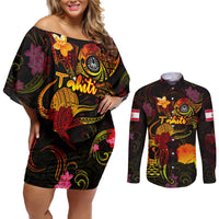 Tahiti French Polynesia Couples Matching Off Shoulder Short Dress and Long Sleeve Button Shirt Octopus Plumeria Polynesian Tattoo DT02 Black - Polynesian Pride