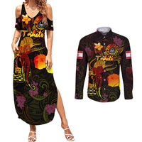 Tahiti French Polynesia Couples Matching Summer Maxi Dress and Long Sleeve Button Shirt Octopus Plumeria Polynesian Tattoo DT02 Black - Polynesian Pride