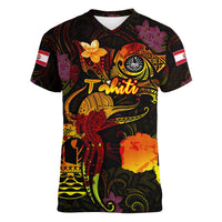 Tahiti French Polynesia Women V-Neck T-Shirt Octopus Plumeria Polynesian Tattoo DT02 Female Black - Polynesian Pride