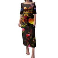 Cook Islands Family Matching Puletasi and Hawaiian Shirt Octopus Plumeria Polynesian Tattoo DT02 Mom's Dress Black - Polynesian Pride