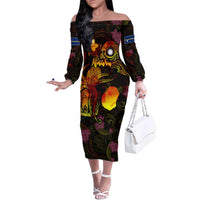 Nauru Family Matching Off The Shoulder Long Sleeve Dress and Hawaiian Shirt Octopus Plumeria Polynesian Tattoo