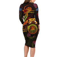 Nauru Long Sleeve Bodycon Dress Octopus Plumeria Polynesian Tattoo