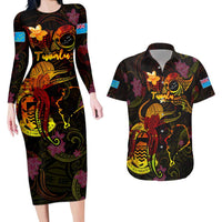 Tuvalu Couples Matching Long Sleeve Bodycon Dress and Hawaiian Shirt Octopus Plumeria Polynesian Tattoo DT02 Black - Polynesian Pride
