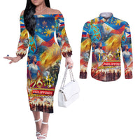Custom The Philippines 126th Independence Anniversary Couples Matching Off The Shoulder Long Sleeve Dress and Long Sleeve Button Shirt Art Style