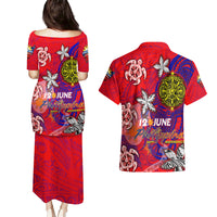 Personalized Philippines 12 June Independence Day Couples Matching Puletasi and Hawaiian Shirt Polynesian Turtle Plumeria