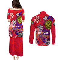 Personalized Philippines 12 June Independence Day Couples Matching Puletasi and Long Sleeve Button Shirt Polynesian Turtle Plumeria