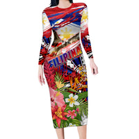Personalized Philippines Independence Day Long Sleeve Bodycon Dress Polynesia Filipinas Eagle Hibiscus DT02 Long Dress Blue - Polynesian Pride