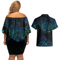 Sea Animal Polynesia Couples Matching Off Shoulder Short Dress and Hawaiian Shirt Polynesian Pattern