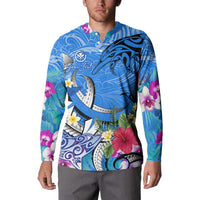 Aloha Hawaii Button Sweatshirt Dolphins and Fish Hook Hibiscus DT02 - Polynesian Pride