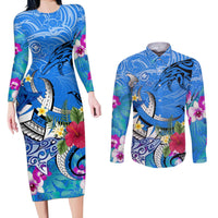 Aloha Hawaii Couples Matching Long Sleeve Bodycon Dress and Long Sleeve Button Shirt Dolphins and Fish Hook Hibiscus
