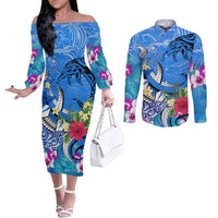 Aloha Hawaii Couples Matching Off The Shoulder Long Sleeve Dress and Long Sleeve Button Shirt Dolphins and Fish Hook Hibiscus