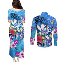 Aloha Hawaii Couples Matching Puletasi and Long Sleeve Button Shirt Dolphins and Fish Hook Hibiscus