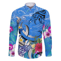 Aloha Hawaii Family Matching Summer Maxi Dress and Hawaiian Shirt Dolphins and Fish Hook Hibiscus DT02 Dad's Shirt - Long Sleeve Blue - Polynesian Pride