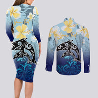Mother And Baby Dolphins Couples Matching Long Sleeve Bodycon Dress and Long Sleeve Button Shirt Hawaii Hibiscus
