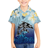 Mother And Baby Dolphins Family Matching Tank Maxi Dress and Hawaiian Shirt Hawaii Hibiscus DT02 Son's Shirt Blue - Polynesian Pride