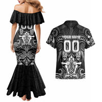 Personalized All Black Couples Matching Mermaid Dress and Hawaiian Shirt New Zealand Rugby Mascot Maori