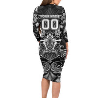 Personalized All Black Family Matching Long Sleeve Bodycon Dress and Hawaiian Shirt New Zealand Rugby Mascot Maori