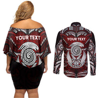 Personalized New Zealand Aotearoa Rugby Couples Matching Off Shoulder Short Dress and Long Sleeve Button Shirt Maori Fern Tattoo Art