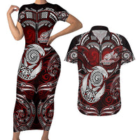Personalized New Zealand Aotearoa Rugby Couples Matching Short Sleeve Bodycon Dress and Hawaiian Shirt Maori Fern Tattoo Art DT02 Red - Polynesian Pride