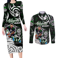 Personalized NZ Aotearoa Rugby Couples Matching Long Sleeve Bodycon Dress and Long Sleeve Button Shirt New Zealand Silver Fern DT02 Green - Polynesian Pride