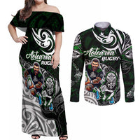 Personalized NZ Aotearoa Rugby Couples Matching Off Shoulder Maxi Dress and Long Sleeve Button Shirt New Zealand Silver Fern DT02 Green - Polynesian Pride