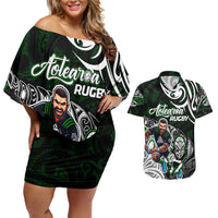 Personalized NZ Aotearoa Rugby Couples Matching Off Shoulder Short Dress and Hawaiian Shirt New Zealand Silver Fern DT02 Green - Polynesian Pride