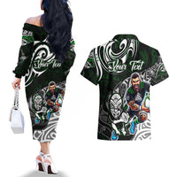 Personalized NZ Aotearoa Rugby Couples Matching Off The Shoulder Long Sleeve Dress and Hawaiian Shirt New Zealand Silver Fern