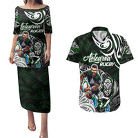 Personalized NZ Aotearoa Rugby Couples Matching Puletasi and Hawaiian Shirt New Zealand Silver Fern DT02 Green - Polynesian Pride