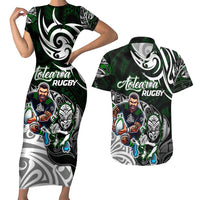 Personalized NZ Aotearoa Rugby Couples Matching Short Sleeve Bodycon Dress and Hawaiian Shirt New Zealand Silver Fern DT02 Green - Polynesian Pride