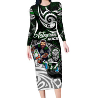 Personalized NZ Aotearoa Rugby Family Matching Long Sleeve Bodycon Dress and Hawaiian Shirt New Zealand Silver Fern DT02 Mom's Dress Green - Polynesian Pride