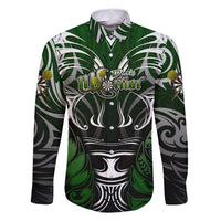 Personalised Warriors Maori Darts Family Matching Off Shoulder Short Dress and Hawaiian Shirt New Zealand Darts Silver Fern DT02 Dad's Shirt - Long Sleeve Green - Polynesian Pride