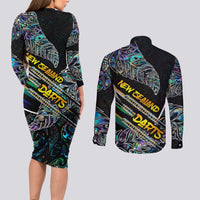 Personalised New Zealand Darts Couples Matching Long Sleeve Bodycon Dress and Long Sleeve Button Shirt NZ Paua Shell Maori Fern