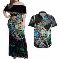 Personalised New Zealand Darts Couples Matching Off Shoulder Maxi Dress and Hawaiian Shirt NZ Paua Shell Maori Fern