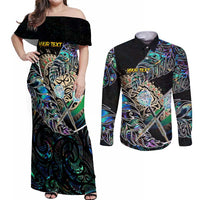 Personalised New Zealand Darts Couples Matching Off Shoulder Maxi Dress and Long Sleeve Button Shirt NZ Paua Shell Maori Fern