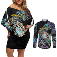 Personalised New Zealand Darts Couples Matching Off Shoulder Short Dress and Long Sleeve Button Shirt NZ Paua Shell Maori Fern