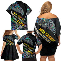 Personalised New Zealand Darts Family Matching Off Shoulder Short Dress and Hawaiian Shirt NZ Paua Shell Maori Fern