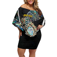 Personalised New Zealand Darts Family Matching Off Shoulder Short Dress and Hawaiian Shirt NZ Paua Shell Maori Fern