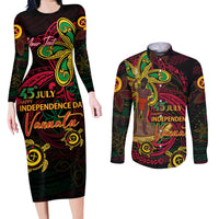 Custom Vanuatu 45th Independence Anniversary Couples Matching Long Sleeve Bodycon Dress and Long Sleeve Button Shirt Flower Melanesian Namele Turtle - Polynesian Pride